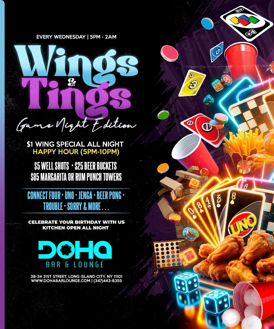 Wings & Tings: Game Night Edition at Doha Bar Lounge!